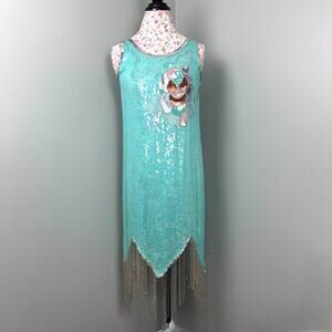 Vintage Aqua Blue Sequin Beaded Fringe Flapper Dress 1920s Costume sz Small Silk
